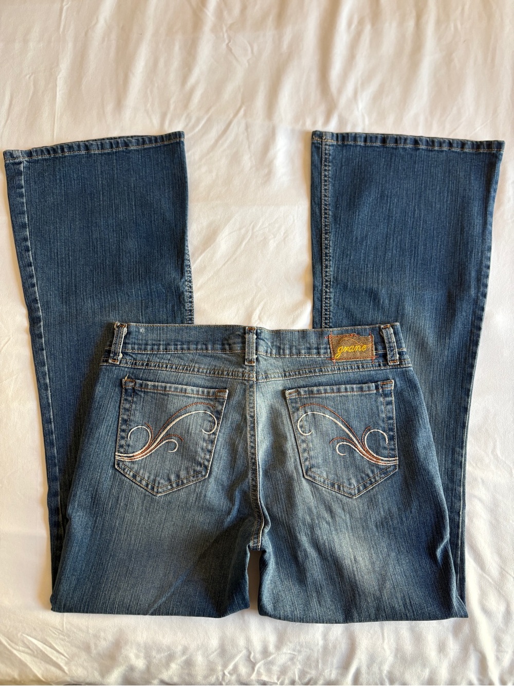 Grane Dark Wash Bootcut Flare Jeans Swirl Stitch Pocket Mid Rise Wide Leg 2000s